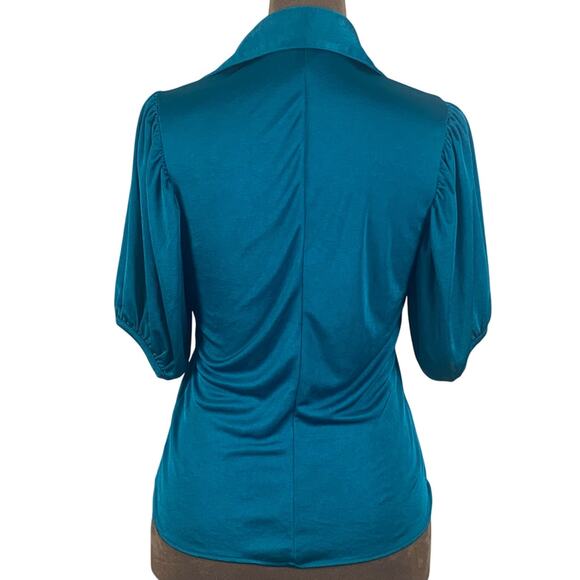 Cecil McBee Teal Ruffled V Neck Buttoned Blouse Small - Picture 3 of 7